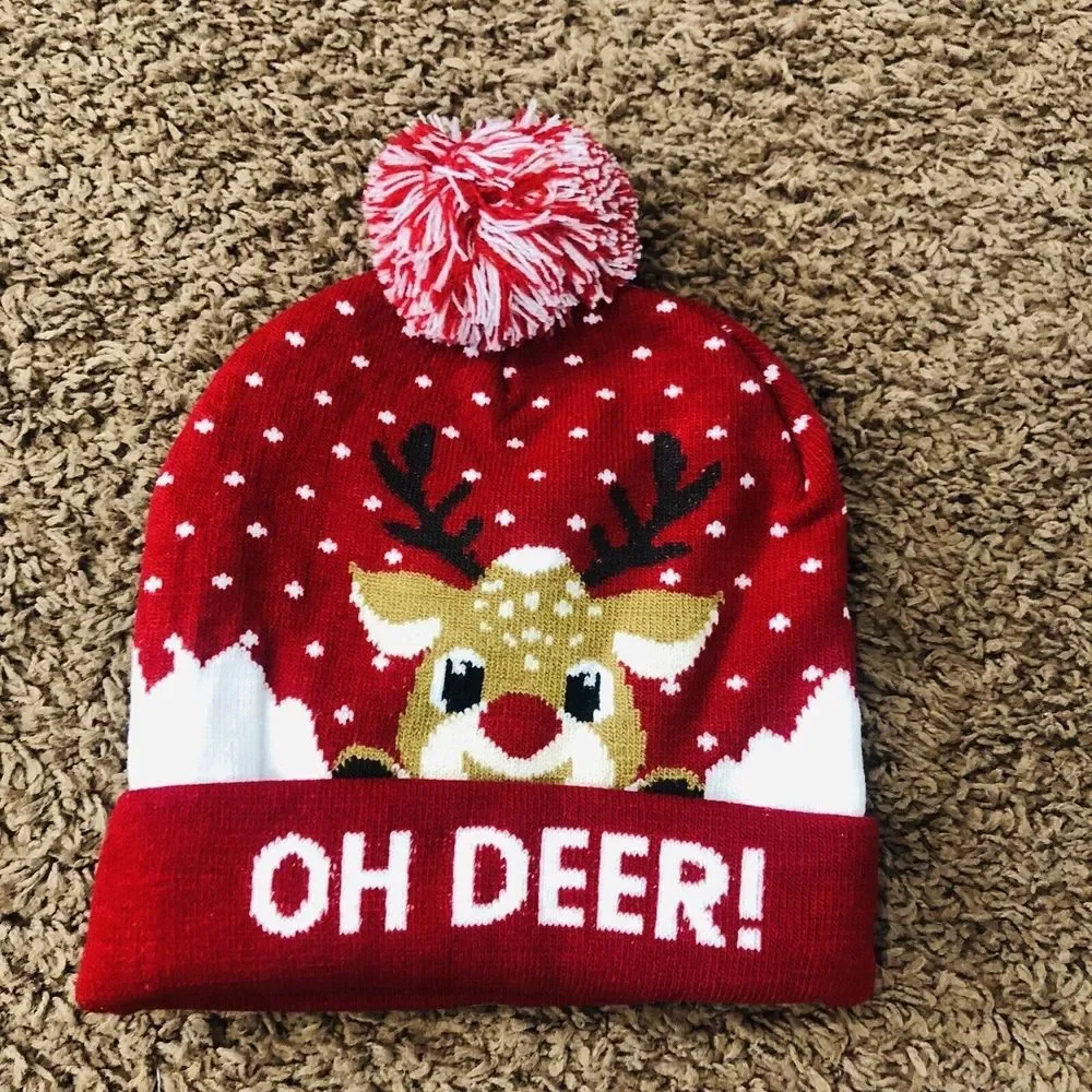 New Merry Christmas Beanie/ Hat/Cap One Size Unisex Adults Oh Deer Red &‎ White